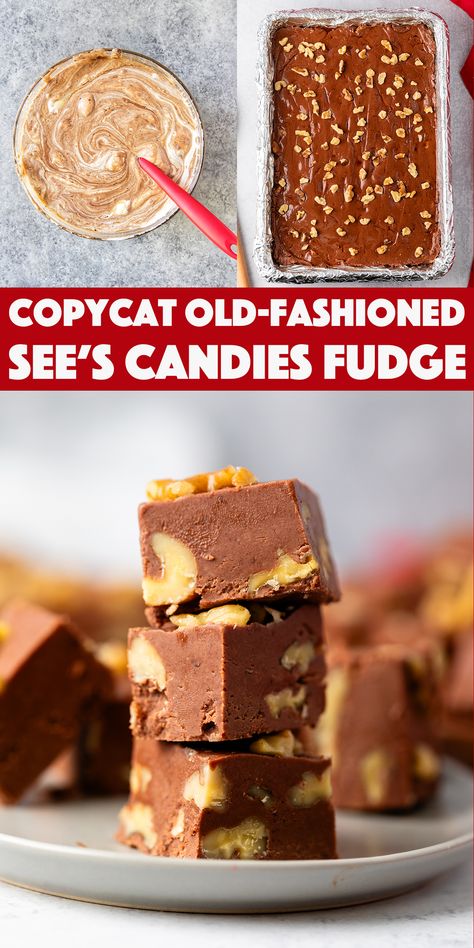 Old-Fashioned Copycat See's Candy Fudge Recipe - rich homemade chocolate fudge made with semi sweet chocolate chips and marshmallow creme. A copycat See's Fudge recipe just like grandma used to make. Sees Candy Recipes Copycat Fudge, Fudge Made With Chocolate Chips, Sees Candy Fudge Recipe, See’s Fudge Recipe, See’s Candy Fudge Recipe, Semi Sweet Chocolate Chip Recipes, See's Candy Fudge Recipe, Mackinac Fudge, Sees Fudge Recipe