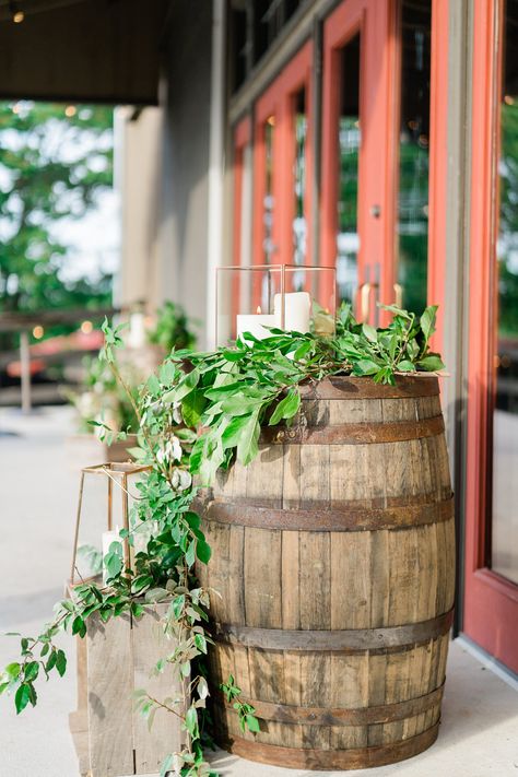 Riverside On The Potomac Wedding, Barrels Wedding Ceremony, Barrel Decor Ideas Wedding, Porch Wedding Decorations, Ceremony Aisle Markers, Outdoor Ceremony Aisle, Wine Barrel Wedding Decor, Barrel Wedding Decor, Wine Barrel Wedding