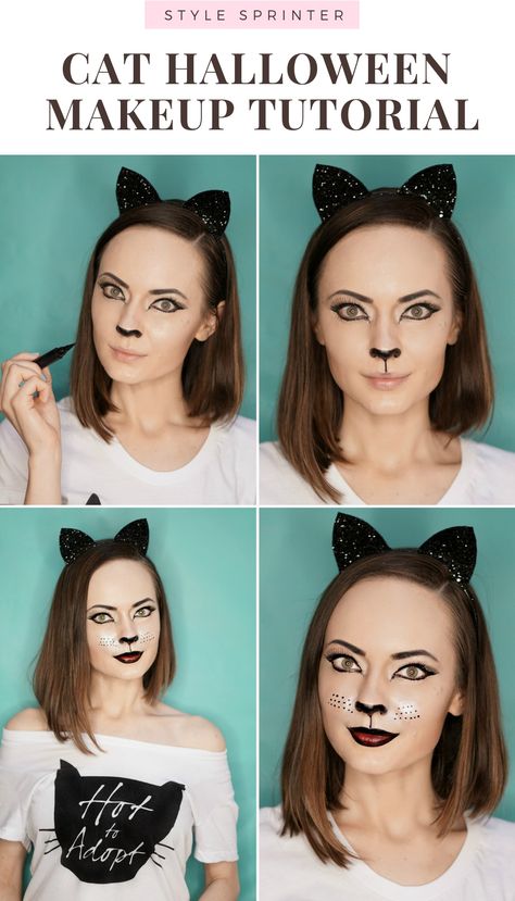 Cat Eye Makeup Halloween, Halloween Makeup Ideas Easy, Halloween Cat Makeup, Cat Makeup Tutorial, Cat Face Makeup, Spooky Halloween Makeup, Simple Cat Makeup, Eyeliner Inspiration, Makeup Karakter