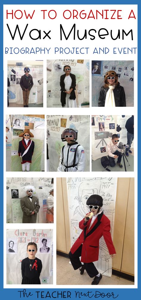 Want to organize a Wax Museum Biography Research Project with your 3rd - 6th grade students? This post will help teachers create a step by step plan to organize this highlight of the year event which integrates social studies and writing! Super engaging for students and a positive experience for parents, as well as the whole school community! #waxmuseum #3rdgradewaxmuseum #4thgradewaxmusuem #5thgradewaxmuseum #6thgradewaxmuseum #3rdgradesocialstudies #4thgradesocialstudies #5thgradesocialstudies Biography Presentation Ideas, 3rd Grade Social Studies Projects, School Wax Museum Ideas, Living Museum Project For Kids, Wax Museum School Project Ideas For Boys, Wax Museum School Project Ideas, Wax Museum Project For Kids, Living Wax Museum Project Kids, Biography Projects Elementary