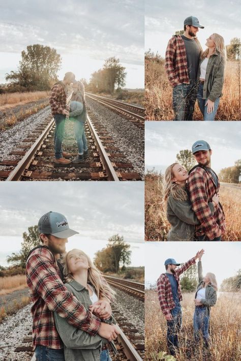 Fall Railroad Photoshoot, Fall Outfits For Couple Photoshoot, Railroad Family Pictures, Couples Railroad Track Pictures, Couple Train Track Pictures, Trail Couple Pictures, Couples Senior Pictures Boyfriends, Railroad Family Photoshoot, Railroad Track Photoshoot Couple