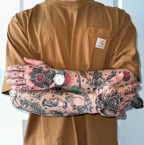 Traditional Tattoo Sleeve Patchwork, Patchwork Style Tattoo Sleeve, Tattoo Sleeve Men Traditional, Traditional Tattoo Back Of Arm, American Traditional Tattoos On Hand, Black And Colour Tattoo, Men’s Traditional Tattoo Sleeve, American Old School Tattoo Sleeve, Men American Traditional Tattoo