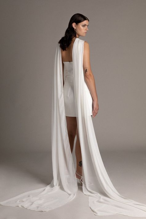 MULTI WAY CHIFFON CAPE MINI DRESS - TEMPÊTE BRAND Mini Wedding Dress, Evening Reception, Chiffon Cape, Wedding Scarf, Cape Wedding Dress, Mini Wedding Dresses, Minimalist Wedding Dresses, Chiffon Mini Dress, Mini Wedding