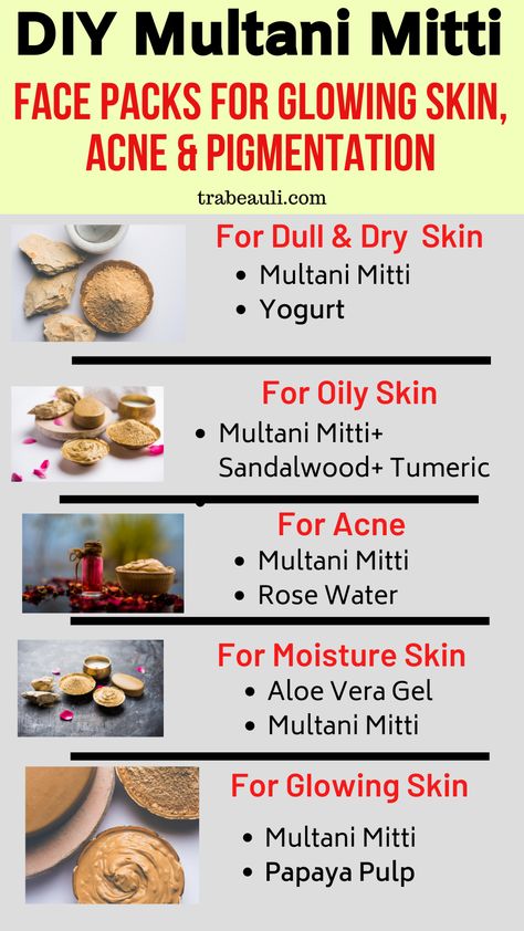 mutani mitti face packs for glowing skin Food For Face Glowing Skin, Skin Care With Multani Mitti, How To Apply Multani Mitti, Diy Face Pack For Glowing Skin, Multani Mitti Face Pack For Pimples, Natural Face Packs Homemade, Fuller Earth Face Pack, Body Pack For Glowing Skin, Multani Mitti Hair Masks