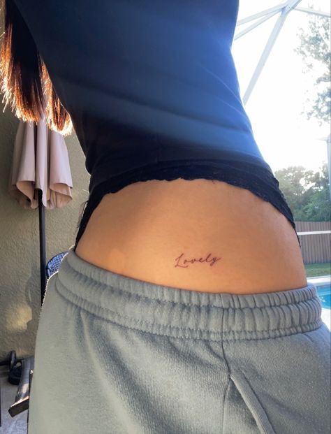 Dainty tattoo Dainty Tattoos Thigh, Dainty Tattoo Spots Women, Dainty Words Tattoo, One Word Cursive Tattoo, Above Hip Tattoos Women, Love Cursive Tattoo, Thigh Tattoos Women Dainty, Sternum Tattoo Dainty, Lovely Tattoo Word