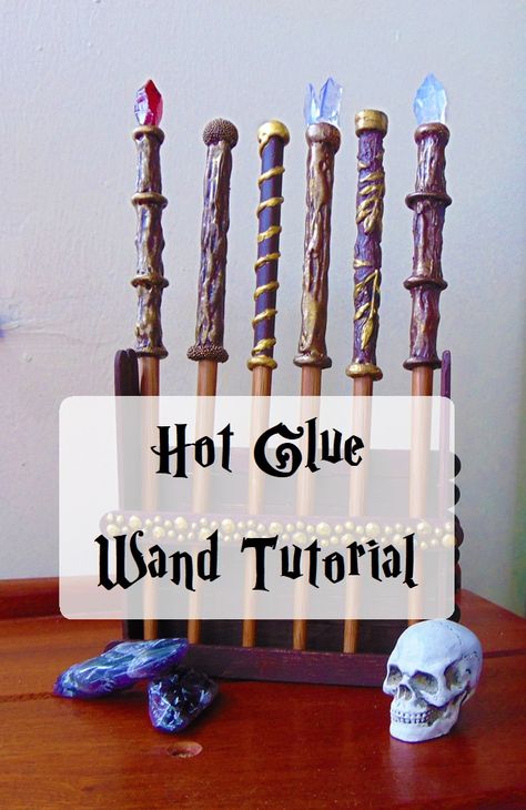 Harry Potter Wands Diy Hot Glue, Witch Wands Diy, Diy Wand Stand, Diy Magic Wand Witch, Diy Witches Wand, Wizard Wands Diy, Diy Wizard Wand, Magic Wands Diy, Stuff To Do With Hot Glue