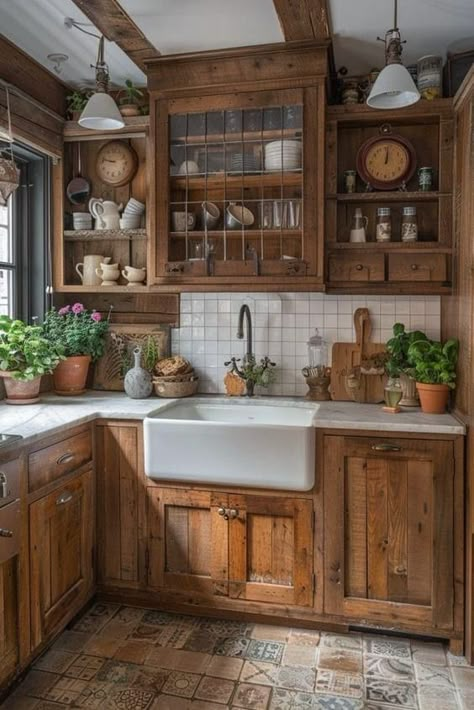 French Style Kitchen Ideas, Industrial Loft Kitchen, Loft Kitchens, French Style Kitchen, Countryside Kitchen, Distressed Wood Furniture, Makeover Kitchen, Cabinets Makeover, Wallpaper Kitchen