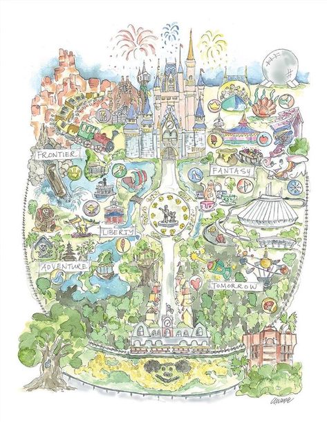 Disney Map, Disney World Map, Park Watercolor, Disneyland Map, Disney Room Decor, Disney Paintings, Disney Print, Disney Background, Disney Collage