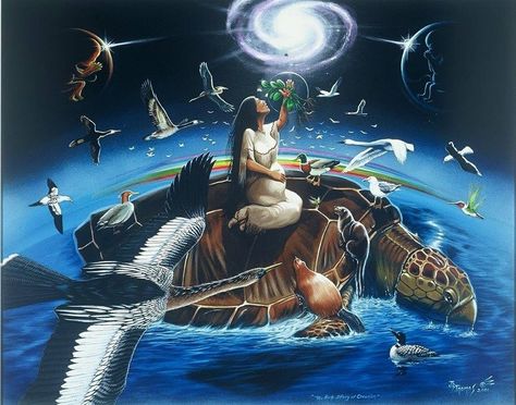 Painting Credit The Birth Story of Creation JB Thomas 2001 Sky Woman - Iroquois Creation Story Sky Woman, Creation Myth, Sky Dweller, Creation Story, A Turtle, Above The Clouds, Indigenous Art, Native Art, Spiritual Art