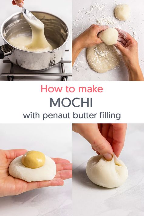 steps of making mochi with peanut butter filling Filled Mochi Recipe, Easy Butter Mochi Recipe, Vanilla Mochi Recipe, Mochi Filling Recipe, Animal Mooncake, Mochi Dough Recipe, Japanese Candy Recipe, How To Make Mochi Recipes, Mochi Filling Ideas