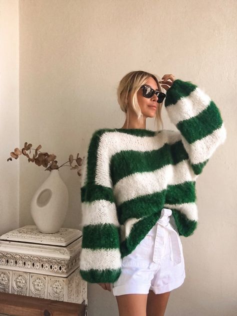 Green Chunky Sweater, Green Mohair Sweater, Green And White Striped Sweater Outfit, Mohair Stripe Sweater, Knitted Striped Sweater, Crochet Mohair Sweater, Christmas Sweater Knitting, Mohair Sweater Pattern, Green Knitted Sweater