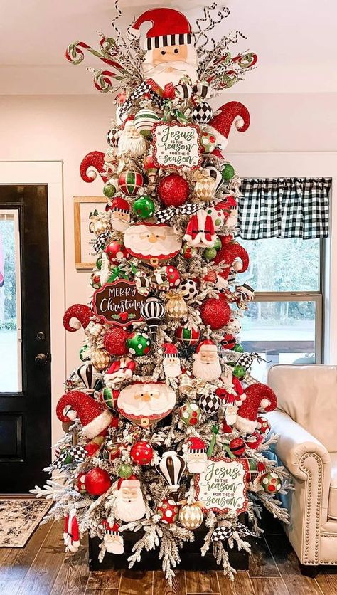 Santa Clause Christmas Tree Ideas, Santa Christmas Tree Ideas, Multiple Christmas Trees In Home, Santa Theme Christmas Tree, Whimsical Christmas Tree Ideas, Xmas Tree Themes, Santa Themed Christmas Tree, Christmas Floats, Decor Ideas For Christmas