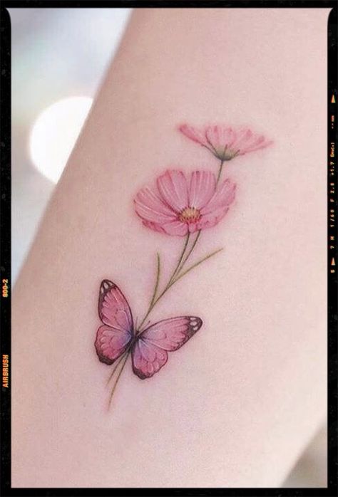 Pics edited by AirBrush App. Filter: Color +ult-3•With pink flowers and butterflies of the same color, this tattoo design will suit all women. After all, pink is one of the favorite colors of most women. #airbrushapp #retouch #photoeditor #filter #airbrushmakeup #airbrushart #airbrushfilter Butterfly Tattoo With Flowers, Pink Butterfly Tattoo, Pink Flower Tattoos, Tattoo With Flowers, Airbrush App, Pretty Tattoos For Women, All Pink, Lotus Tattoo, Flowers And Butterflies