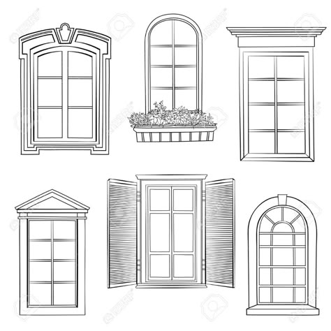 Window set. Different architectural style of windows doodle sketch stylish collection Stock Vector - 57712530 Window Drawing Ideas, Window Sketch, Drawing Ideas Color, Window Drawing, Animal Rabbit, Architecture Drawing Art, House Drawing, Doodle Sketch, Detailed Drawings