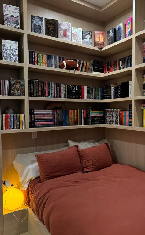 Bookshelves With Bed, Readers Room Bedrooms, Library Aesthetic White, Hailey Pham, Readers Room, Library Bedroom Ideas, Book Corner Ideas Bedroom, Home Library Aesthetic, Book Whispers