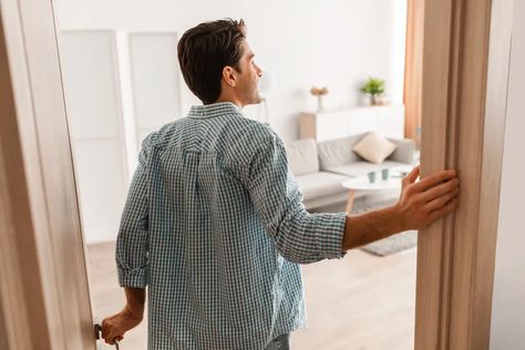 What to Expect During an Apartment Inspection | Rent. Blog Opening Door Pose Reference, Standing In Doorway, Casual Guy, Open Doorway, Guy Standing, Comic Tutorial, Comic Layout, Modern Flat, Man Standing