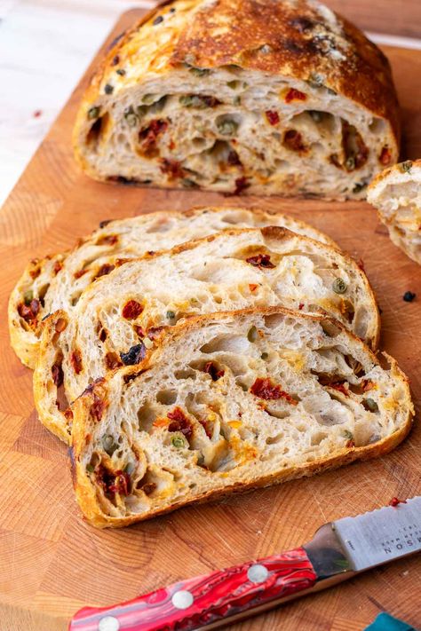 Sun-Dried Tomato Sourdough Bread with Capers – Sourdough Brandon Different Flavor Sourdough Bread, Sun Dried Tomato Bagel Recipe, Pesto Parmesan Sourdough, Fancy Sourdough Bread, Artichoke Sourdough Bread, Mediterranean Sourdough Bread, Mother’s Day Sourdough, Sundried Tomato Bread Recipes, Basil Sourdough Bread