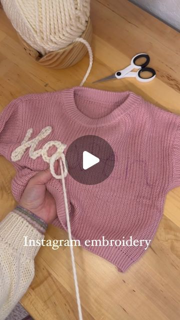 Embroidery Yarn Crafts, Yarn Stitching On Fabric, Diy Chenille Yarn Letter Sweatshirt, How To Do Embroidery, Yarn Embroidery On Sweater, Embroidery With Yarn, Hand Embroidery Sweater, Embroidery Sweater Diy, Yarn Letters