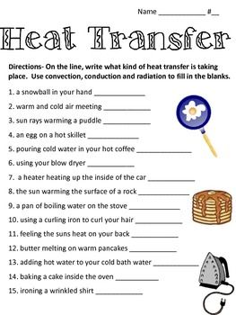 The objective of this worksheet is for students to identify how heat is transferred (convection, conduction or radiation) given 15 situations. Heat Transfer Activities, Heat Transfer Science, Conduction Convection Radiation, 7th Grade Science, 4th Grade Science, 6th Grade Science, 5th Grade Science, Thermal Energy, Energy Transfer