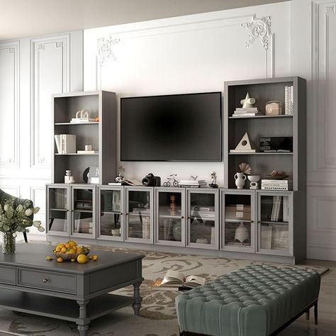 Amazon.com: FAMAPY Entertainment Center with Bookshelves & Glass Doors, Living Room Entertainment Center with Bridge, Hutch Space for TV, Wood Grain Grey (126”W x 15.7”D x 70.9”H) : Home & Kitchen Bookshelves Glass Doors, Glass Doors Living Room, Entertainment Center With Bookshelves, Doors Living Room, Wall Entertainment Center, Living Room Entertainment Center, Tv Console Table, Living Room Entertainment, Media Furniture