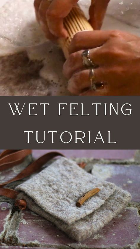 Wet felting with wool is a beginner-friendly fiber art project that yields exciting, functional results! Watch or read step by step as I make this rustic wool felt bag. Wet felting is the process of creating felt using wool, water, soap, and friction. Felt is one of the world’s oldest known textiles. It requires no tools to make, besides the hands. It’s such a simple craft, but can be executed in an infinite number of ways. Wet Needle Felting Tutorial, Felting Crochet Projects, Wet Felt Bag, Wet Wool Felting Projects, How To Felt Wool Tutorials, Wet Felting Projects Tutorials, Wet Felted Bag, Wool Felting Ideas, Roving Wool Projects