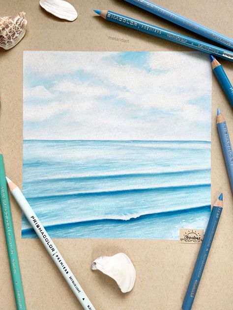 Calming ocean drawing created with Prismacolor pencils on Strathmore toned tan paper. Beach Drawing Pencil Colour, Sea Drawing Colored Pencil, Ocean Color Pencil Drawing, Beach Colored Pencil Drawing, Ocean Drawing Pencil, Sea Drawing Pencil, Sea Pencil Drawing, Doodle Stitch, Waves Sketch