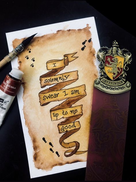 Harry Potter Marauders Map Drawing, Harry Potter Watercolour Painting, Diy Harry Potter Painting, Marauders Painting Ideas, Watercolour Harry Potter, Harry Potter Watercolor Art Easy, Harry Potter Artwork Paintings, Watercolor Art Harry Potter, Harry Potter Card Ideas