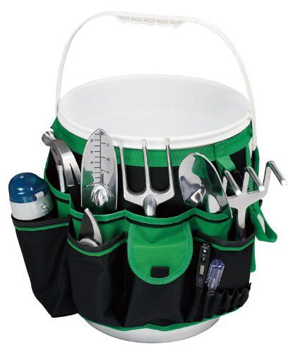 Apollo Precision Tools is an American company that produces high-quality, competitively priced hand and power tools designed with the home repair enthusiast in mind.  This bucket organizer is black with green or pink trim, and it’s designed to fit any standard 5-gallon bucket. It quickly and easily attaches to the exterior with an adjustable Velcro strap, and secures with a hook and loop.  It has a total of 34 pockets of various sizes on the exterior, from small, narrow pen holders to large expa Garden Tool Organizer, Bucket Garden, 5 Gallon Buckets, Garden Tool Organization, Bucket Gardening, Garden Tool Shed, Garden Power Tools, Garden Tool Storage, Precision Tools