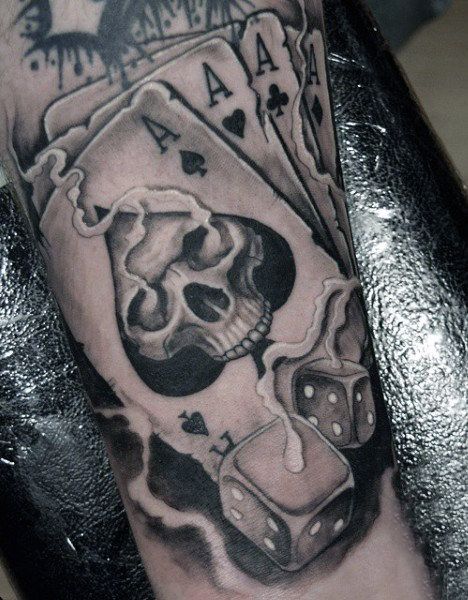 Mens Smoking Dice Tattoo With Playing Cards On Arm Eightball Tattoo, Playing Card Tattoo, Playing Card Tattoos, Cards Tattoo, Dice Tattoo, Tattoo On Arm, Muster Tattoos, Gambling Cake, Gambling Tattoo