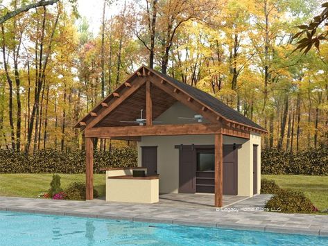 062P-0027: Pool House Plan with Bar/Grill Small Pool House Plans, Small Pool House Ideas, Pool Shed Ideas, Simple Pool House, Tiny Pool House, Pool Storage Ideas, Pool Hut, Pool House With Bathroom, Small Pool House