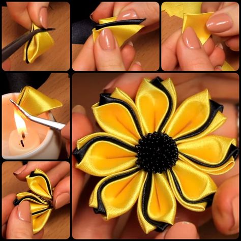 How to Make a Simple Fabric Kanzashi Flower Sulaman Pita, Ribbon Flowers Diy, Kanzashi Tutorial, Ribbon Flower Tutorial, Diy Flores, Fabric Origami, Satin Ribbon Flowers, Fabric Flower Tutorial, Kanzashi Flowers