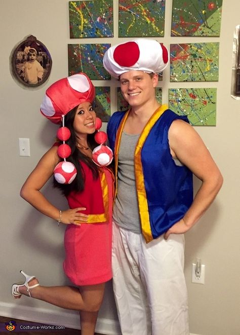 Julia: Derek and Julia spent roughly 5 hours assembling this Super Mario Bros Toad and Toadette couple's costume! While this is more involved than a lot of other DIY Toad/Toadette projects,... Toad Mario Costume, Toad And Toadette, Toadette Costume, Super Mario Bros Toad, Lifeguard Costume, Mario Halloween Costumes, Barbie And Ken Costume, Couple's Costume, Deer Halloween Costumes