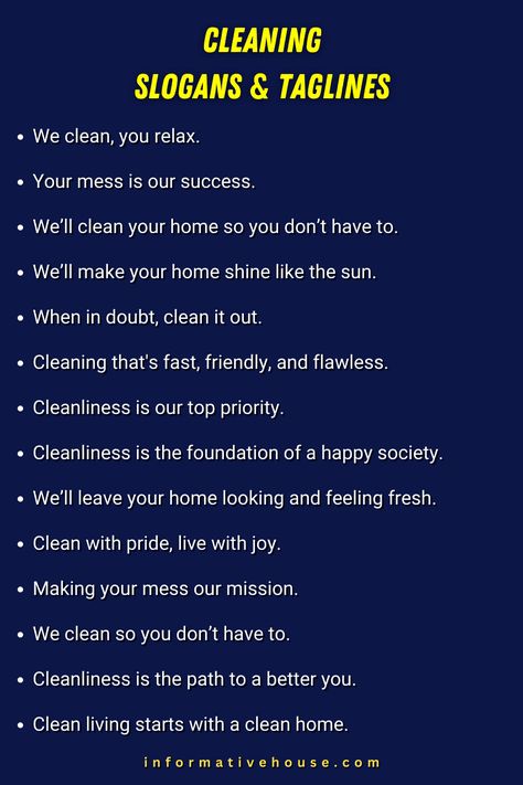 Sparkling Cleaning Slogans to Keep Your Home Shining Cleaning Slogan Ideas, Cleaning Captions For Instagram, Cleaning Catch Phrases, Cleanliness Slogan In English, Cleaning Bio Ideas, Slogan On Cleanliness, Cleaning Business Post Ideas, Cleaning Slogans Business, Slogan About Cleaning And Sanitizing