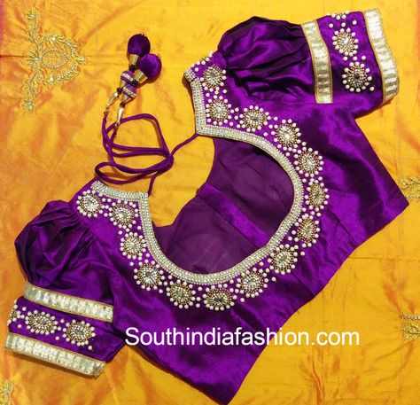 puff_sleeves_blouse_for_silk_sarees Pot Neck, Puff Sleeves Blouse, Puff Blouse, Sari Design, Maggam Work Designs, Pattu Saree Blouse Designs, Silk Saree Blouse Designs, Ladies Blouse Designs, Hand Work Blouse