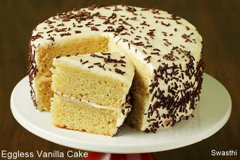 Eggless vanilla cake recipe - Learn to make cake at home with video. This simple cake recipe yields moist,soft & delicious eggless vanilla cake. Eggless Vanilla Cake Recipe, Cake Without Eggs, Cake Recipes Without Eggs, Eggless Cakes, Eggless Cake Recipe, Eggless Desserts, White Cake Recipe, Eggless Recipes, Egg Cake