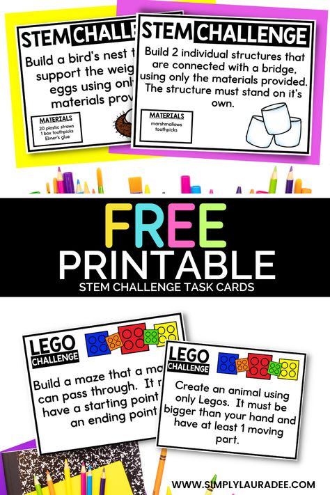 Kids will LOVE this pack of STEM Building Challenge Task Cards! Mystery Bag Stem Challenge, Stem Task Cards Free Kindergarten, Lego Task Cards, Stem Task Cards, Task Cards Free, Stem Building, Kindergarten Stem, Building Challenge, Create An Animal