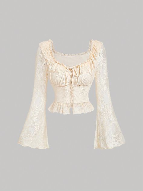 SHEIN MOD Women's Fitted Cream Lace Bell Sleeved T-Shirt,Ruffled Square Neckline,Homecoming T-Shirt ,Cruise Women Outfits,Country Tops,Fall/Winter T-Shirt,Birthday T-Shirt,Women Vintage Clothes,Teacher Shirts,Lace Graphic T Shirt,Lace TopI discovered amazing products on SHEIN.com, come check them out! Cream Long Sleeve Top Outfit, Cream Color Clothes, Bell Sleeve Outfit, Country Tops, Deer Halloween, Lace Top White, Flare Sleeve Top, White Lace Shirt, Lace Made