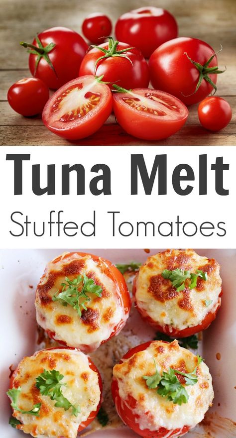 Tuna Melt Stuffed Tomatoes Stuffed Tomatoes, Tuna Melt, Tuna Melts, Tuna Recipes, Think Food, Favorite Comfort Food, Idee Pasto Sano, Ultimate Comfort Food, Tomato Recipes