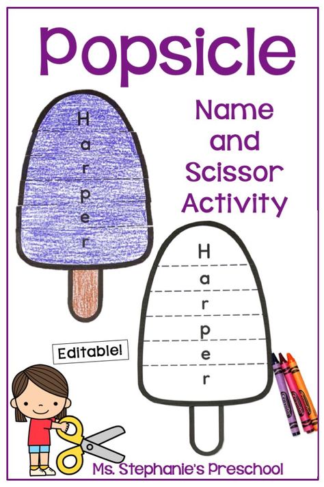 Summer Name and Scissor Activity - Popsicle Preschool Scissors Activities, Preschool Popsicle, Vpk Activities, Name Activities Preschool, Name Activity, Summer School Activities, Counting Activities Preschool, Ocean Theme Preschool, Summer Preschool Activities