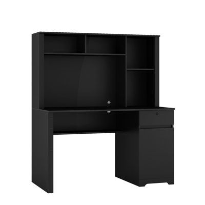 Simple and beautiful style, plenty of storage space, suitable for working at home Color: Black | Latitude Run® Asefa Rectangle Computer Desk in Black | 51" W X 23.6" D | Wayfair Teen Boy Desk, Black Study Desk, Home Desks, Office Work Desk, Student Table, Minimalist Home Office, Study Writing, Desk With Hutch, Computer Desk With Hutch