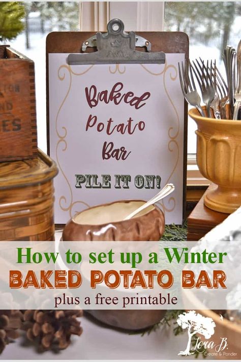 Get ideas for a Winter Baked Potato Bar for easy, satisfying entertaining. Grab a free printable as a backdrop and get styling and ingredient tips. Various ingredients will keep your guests happy! Christmas Salad Bar Ideas, Winter Food Bar Ideas, Baked Potato Bar Ideas For A Crowd, Winter Party Food Ideas, Baked Potato Bar Ideas, Potato Bar Ideas, Potato Bar Party, Baked Potato Bar Toppings, Potato Bar Toppings