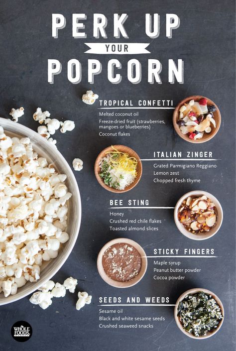 So many great recipes for popcorn add-ins. Popcorn is a great snack for football watching and tailgate parties. From sweet to salty to spicy to healthy... Lots of great ideas right here! Popcorn Add Ins, Snack Menu Ideas, Menu Design Ideas, Recipe Menu, Recipe Design, Cafe Menu Design, Foods Ideas, Tailgate Parties, Menu Food