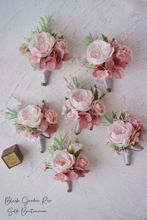 Pink Peony Boutonniere, Pink Boutineer Ideas, Pink Boutineer, Peony Buttonhole, Blush Pink Corsage, Entourage Flowers, Peony Boutonniere, Pink Groomsmen, Pink Rose Wedding Bouquet