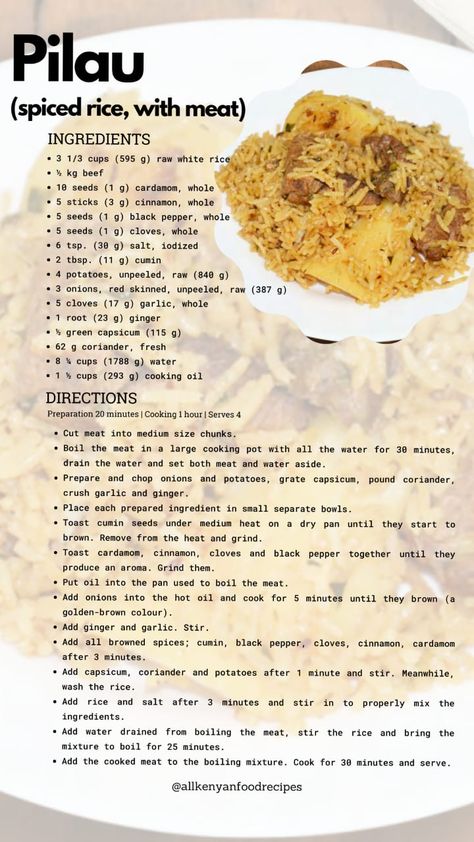 pilau recipe Swahili Pilau Recipe, Beef Pilau Rice Recipe Kenya, Chicken Pilau Recipe, Kenyan Food Traditional, Kenyan Pilau Rice Recipe, Pilau Recipe Kenyan, Kenyan Recipes Dishes, Pilau Spices, Pilau Rice Recipe Tanzania