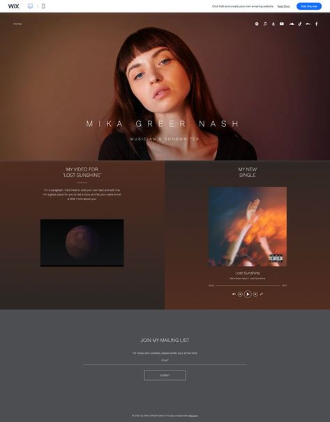 Music Artist Website Design Layout, Similar Music Website, Music Producer Website Design, Music Band Website, Music Portfolio Website, Musician Website, Wix Website Templates, Wix Templates, Website Creation