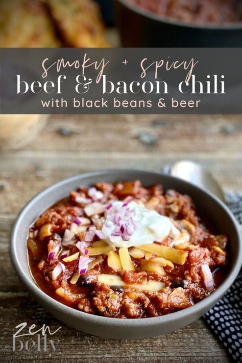 Bacon Chili Recipe, Steak Chili Recipe, Chili With Black Beans, Beer Chili Recipe, Paleo Beef Recipes, Steak Chili, Bacon Chili, Beer Chili, Vegetable Chili