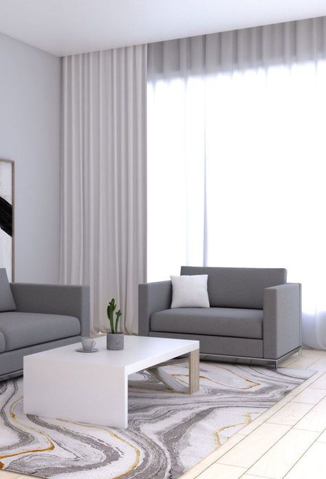 White curtains in living room with gray furniture Curtains With Grey Sofa, Green Curtains Living Room, Mint Living Rooms, Grey Curtains Living Room, Modern Living Room Sofa Set, White Curtains Living Room, Gray Couch, Gray Furniture, Gray Decor