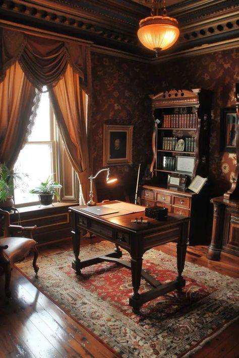 Victorian Style Study, Owencore Aesthetic, New Construction Home Ideas Interiors, Victorian Interior Design 19th Century, Victorian Office Decor, Victorian Room Aesthetic, Vintage Study Room, Victorian Style Homes Interior, Victorian Home Library