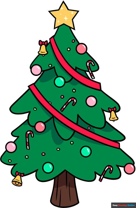 Christmas Trees Drawing Easy, Christmas Tree For Drawing, Cartoon Xmas Tree, Christmas Draw Tree, Cute Xmas Tree Drawing, Easy To Draw Christmas Tree, Christmas Tree Drawing Tutorial, Easy Christmas Designs To Draw, Drawing Christmas Trees Easy