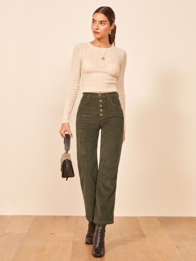 Check out the Austin Pant from Reformation Styling Curdoroy Pants, High Rise Cropped Jeans Outfit, Olive Green Corduroy Pants Outfit, Wide Leg Corduroy Pants Outfit, Green Corduroy Pants Outfit, Biker Cowboy, Corduroy Pants Outfit, Jeans Heels Outfit, Corduroy Pant